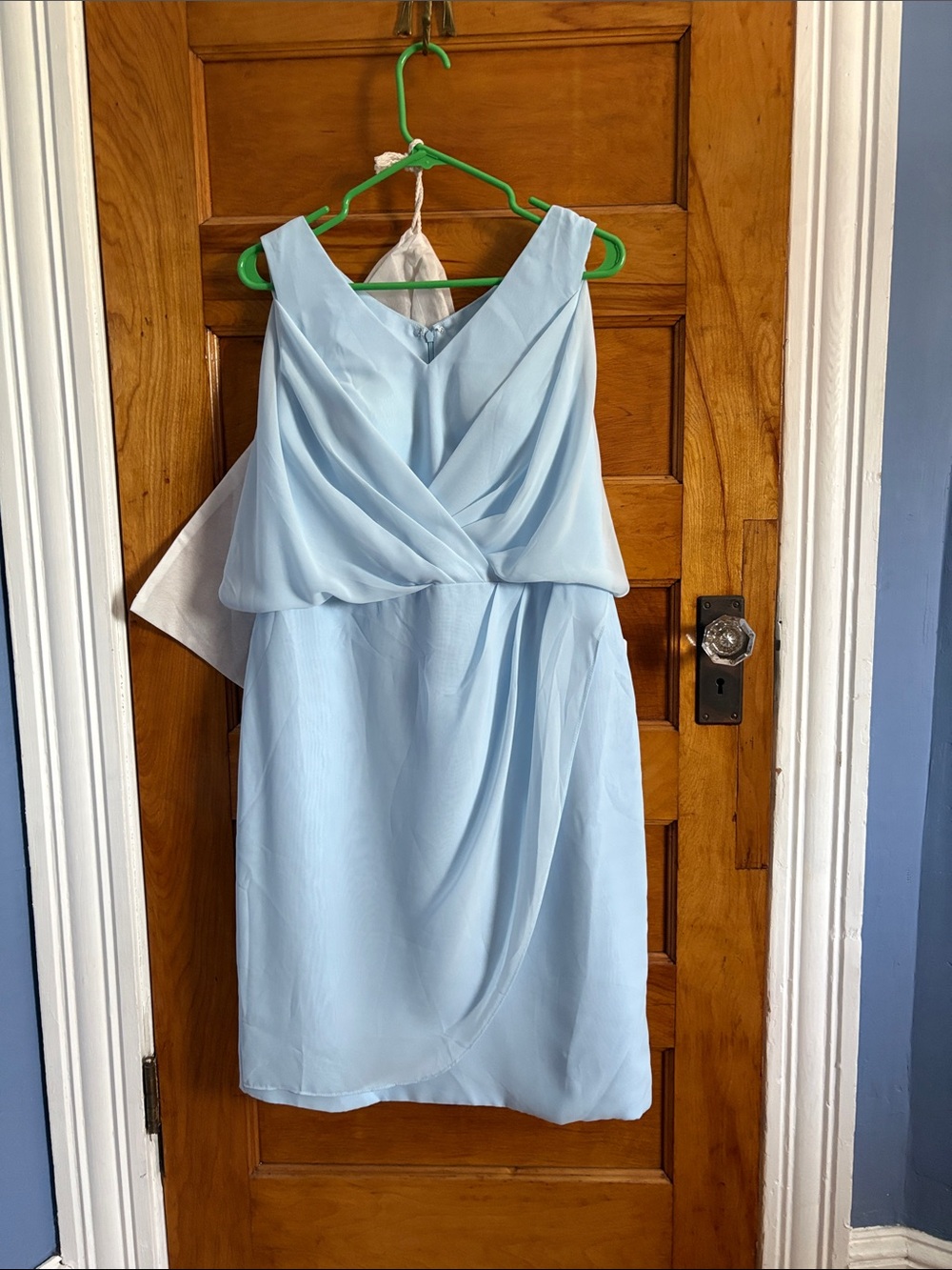 Light Blue V-Neck Midi Dress with Draped Overlay